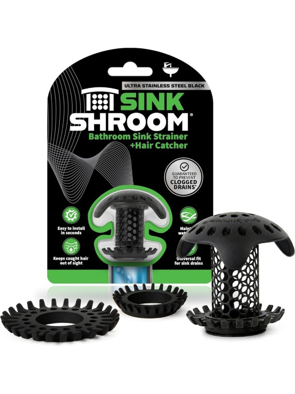 Ultra Matte Black Sink Drain Protector - Stainless Steel Hair Catcher & Adapters